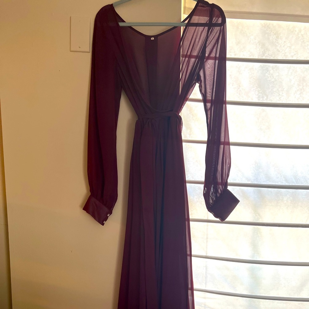 Full length, sheet, burgundy dress.